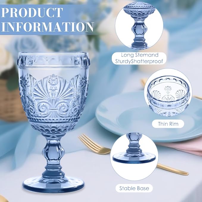 6 Pcs Blue Wine Glasses,Goblet Glasses,Vintage Glassware, Made of Sturdy and Durable Glass Can be Used for Weddings, Everyday Fun Parties and More! - Image 3