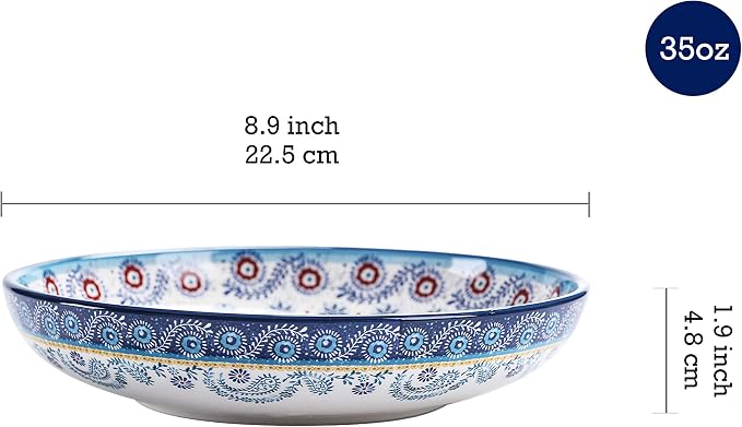 Bico Blue Talavera Pasta Bowls, 35oz Salad Bowl Set of 4, Large Ceramic Serving Dinner Bowls for Soup and Cereal, Microwave and Dishwasher Safe, Gift for Housewarming and Thanksgiving - Image 2