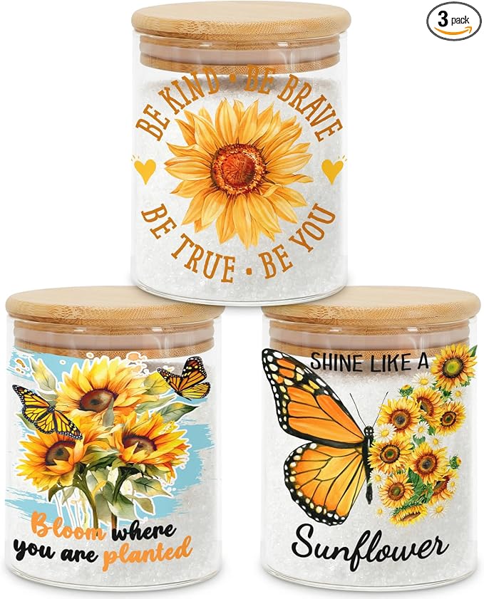 Sunflower Glass Storage Jars with Lids, Candy Cookie Jars, 3 Pcs | Sunflower Inspirational Candy Jars Summer Floral Motivational Kitchen Decor Canister Yellow Floral Kitchen Containers Set by Culudea