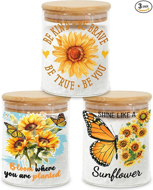 Sunflower Glass Storage Jars with Lids, Candy Cookie Jars, 3 Pcs | Sunflower Inspirational Candy Jars Summer Floral Motivational Kitchen Decor Canister Yellow Floral Kitchen Containers Set by Culudea