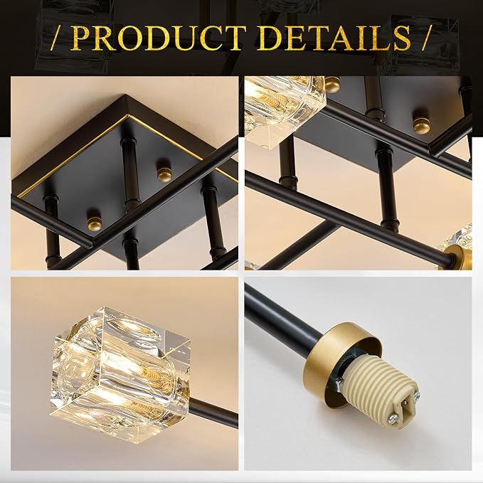 24" Black and Gold Crystal Semi Flush Mount Ceiling Light Modern 6-Light Sputnik Chandelier Luxury Light Fixture for Kitchen Island Entryway Dining Room Living Room - Image 9