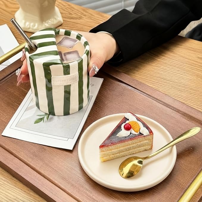 2 Pack Ceramic Coffee Mug with Sip Hole Espresso Cup 10oz with Straws Retro Hand Painted Striped Ceramic Iced Coffee Tea Travel Mug Latte Cup for Kitchen Dining (Simple,Green,Brown) - Image 3