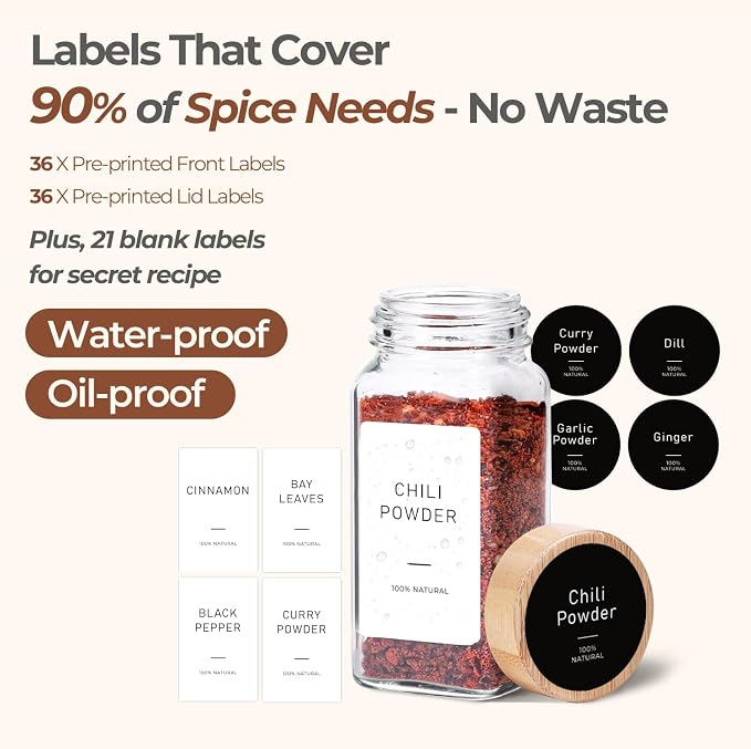 ComSaf Glass Spice Jars with with Labels 4 oz 24 Pack Bamboo Lids Bulk Set | Empty Containers, Seasoning Herb Powder, Salt Pepper Chili, Spice Rack Organization, Kitchen Cabinet Storage, Funnel Included - Image 5