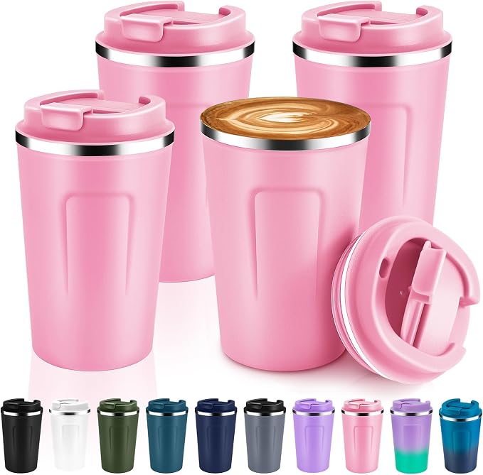 Volhoply 12 oz Double Wall Insulated Vacuum Travel Coffee Mug with Flip Lid Bulk 4 Pack,Reusable Stainless Steel Leak Proof Coffee Cups,Portable Cafe Thermal Tumbler for Hot & Cold Drinks(Pink,4 Set) by LiveFully%EF%BC%8CDrinkFreely%E2%80%94KeepGoingwithVolhoply%EF%BC%81