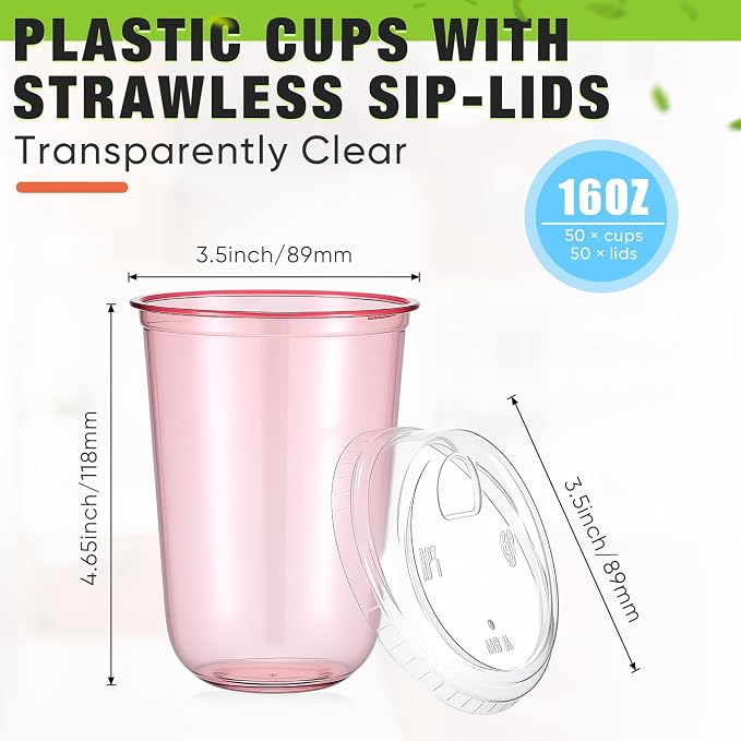 Ziliny 50 Sets Clear Plastic Coffee Cups with Sip Lids, Disposable Plastic PET Crystal Cups for Iced Coffee, Smoothie, Cold Beverage, Drink Shops and Party Catering (Pink,16 oz) - Image 3