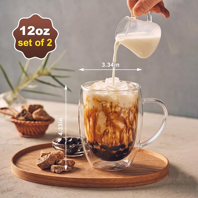 FrutPunch Double Walled Glass Coffee Mugs Set of 2,12 oz Glass Coffee Cups | Clear Borosilicate Glass Mugs with Handles, Suitable for Cappuccinos, Lattes, and Other Hot Beverages - Image 2