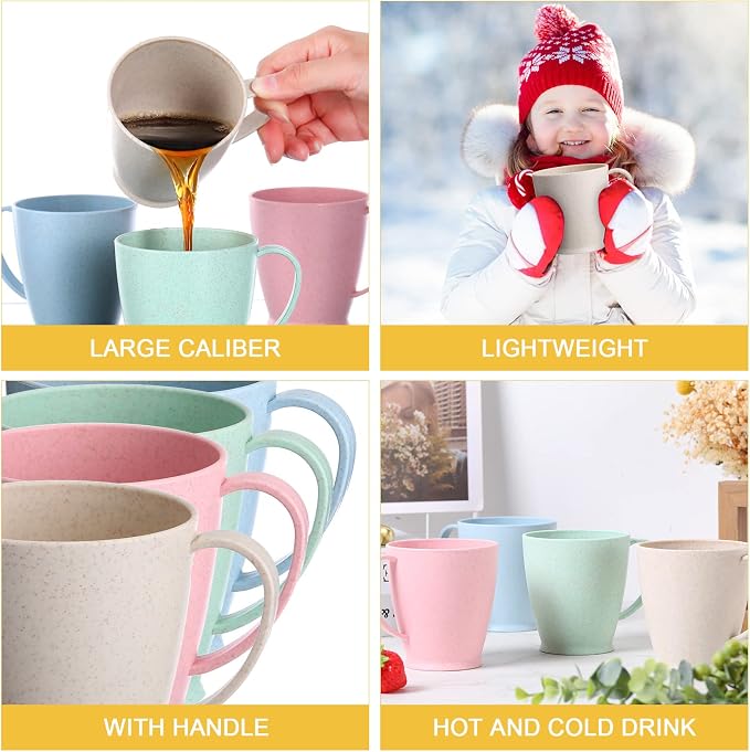 Zopeal 16 Pack Wheat Straw Plastic Coffee Cups Mugs 10 Oz Reusable Plastic Cup Mug with Handle Lightweight Microwavable Dishwasher Safe Unbreakable for Tea Milk Water Juice Coffee (Multicolor) - Image 4