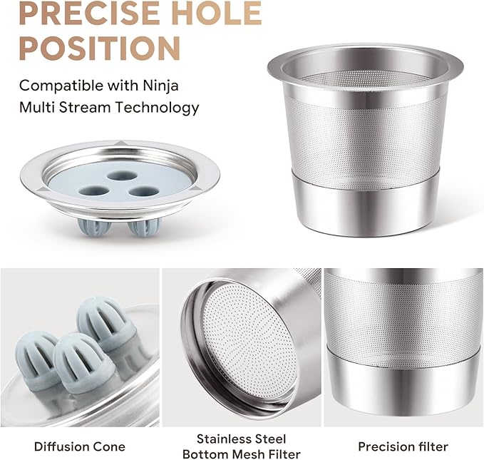 2 Pack K Cups Reusable Coffee Pods for Ninja Dual Brew Coffee Maker Stainless Steel cup Body+Plastic Cup Lid Permanent K Cups Filters Compatible with Ninja CFP201 CFP301 Dual Brew Pro Machine