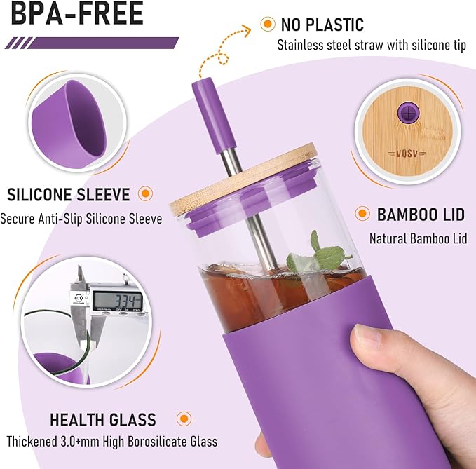 Glass Cups with Lids and Straws - 40 oz Tumbler with Handle - 16 oz Reusable Water with Bamboo Lid, Stainless Steel Straw, Silicone Sleeve for Coffee, Smoothi, Hot, Cold Drinks (2 Count)