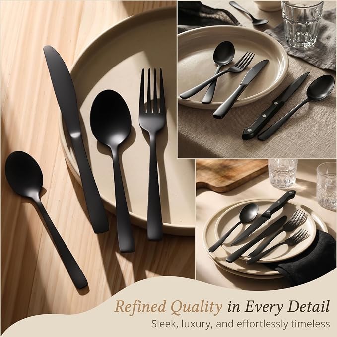 Hiware 48-Piece Black Silverware Set for 8, 18/10 Stainless Steel Flatware Cutlery Set with Forks, Knives, Spoons, Steak Knives, Durable and Elegant Design Utensils Tableware - Dishwasher Safe - Image 4