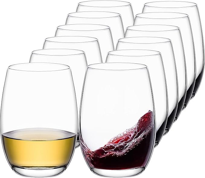 Stemless Wine Glasses Set of 12, 17oz Lead-Free Drinking Glasses for Red & White Wine, Cocktails, Juice, Sturdy Base Glassware Pack for Party, Wedding & Home Bar by Unknown