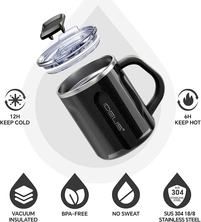 Ideus 16 oz Insulated Coffee Mug with Handle and Lid, Double Wall Stainless Steel Vacuum Thermal Coffee Mug, Travel Coffee Cup Thermal Cup for Home and Office, Black-FUJI FLOW - Image 2