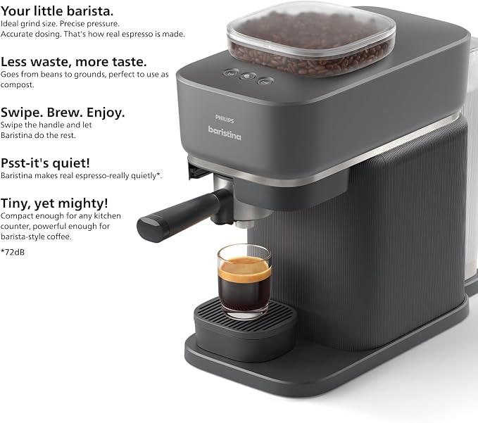 PHILIPS Baristina Espresso Machine, Grind, Tamp & Brew Coffee Beans in One Swipe, Compact, 16 Bar Pump Pressure, Automatic Grinder, Black with Black Portafilter (BAR300/60) - Image 11