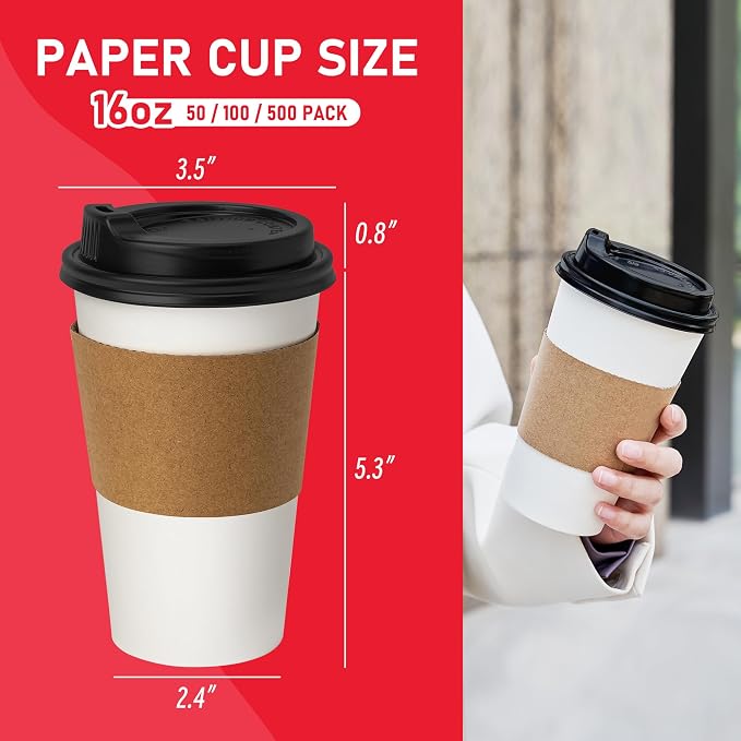 16 oz 500 Pack Coffee Cups with Lids and Sleeves, Hot Paper Coffee Cups with Lids, Disposable To Go Cups with Lid for Coffee, Tea, Hot Chocolate, Ideal for Cafes, Offices and Travel - Image 2