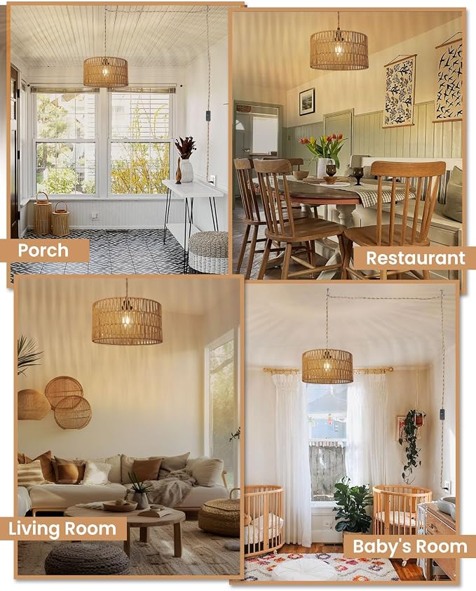 12.6 Inch Boho Hanging Light with Plug in Cord Rattan Hanging Lamp Hand Woven Rattan Wall Lightfor Bedroom, Living Room, Kitchen, Nursery, E26 Base, Indoor,Without Bulb - Image 7