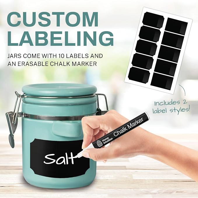Home Intuition 4-Piece Ceramic Kitchen Canisters Set, Airtight Containers with Wooden Spoons Reusable Chalk Labels and Marker for Sugar, Coffee, Flour, Tea (Turquoise) - Image 2