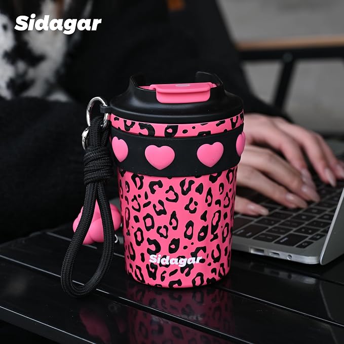 SDGA+ 12 oz Travel Coffee Mug Spill Proof Leak Proof, Stainless Steel Thermal Coffee Cup with Lid, Resuable Cup for Hot and Cold, Portable Tumbler for Women, Pink Leopard - Image 4