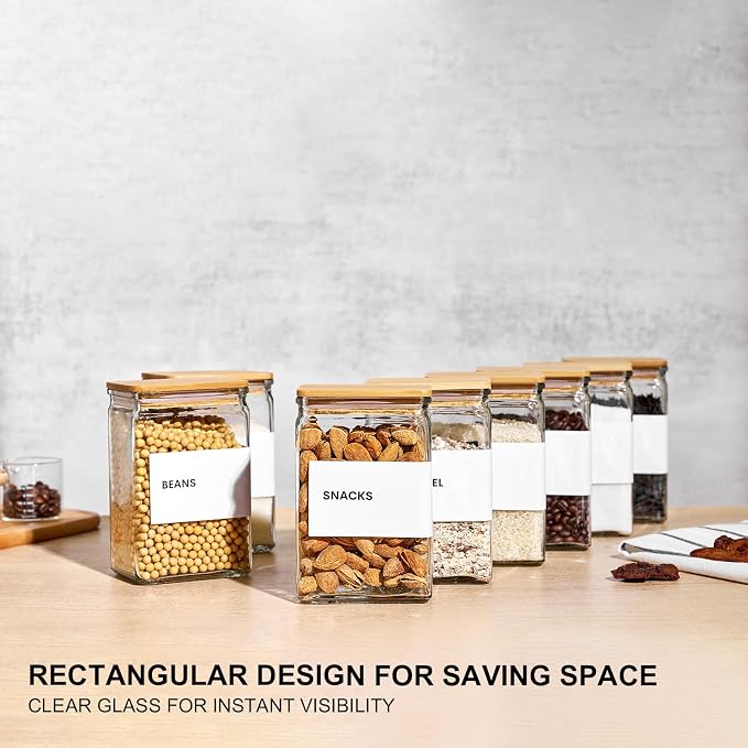 Glass Storage Jars with Bamboo Lids, 27oz Square Spice Jars for Kitchen Pantry Organization, Glass Seasoning Bottles Spice Containers with Labels for Cereal Flour Beans Tea - Image 5