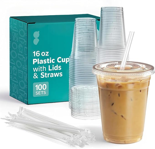 GUSTO [16 oz - 100 Sets Clear Plastic Cups with Lids and Straws – Disposable Iced Coffee Cups for Cold Drinks, Smoothies, Boba, and To-Go Beverages – Sturdy, Easy-to-Separate