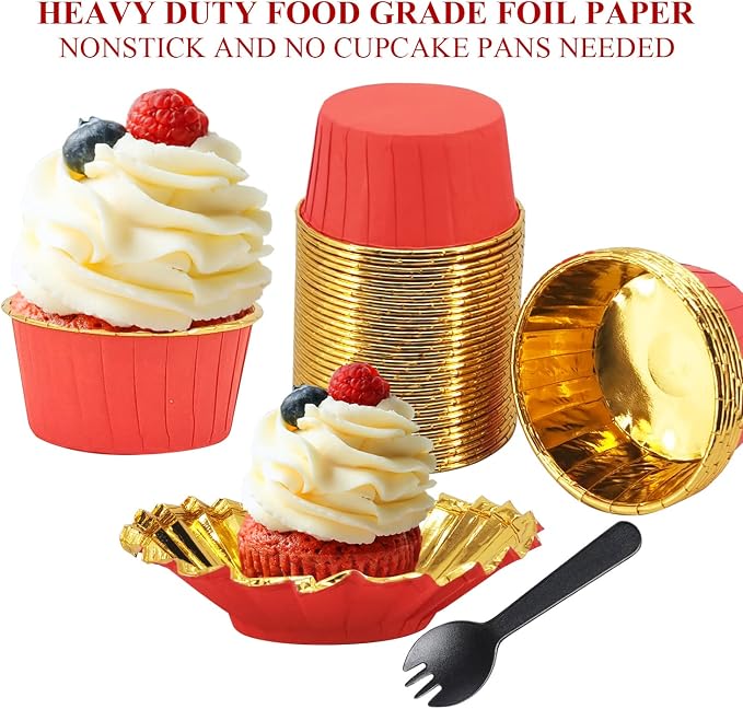 Large Cupcake Liners Baking Cups 50 Pack,LNYZQUS 5oz Foil Muffin Cups Muffin Tins,Disposable Ramekins Tins with Lids and Spoons,Cupcake Wrappers Holders for Wedding Bakery-Red in gold - Image 4