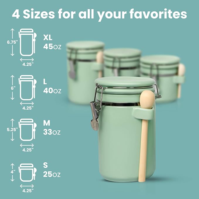 Home Intuition 4-Piece Ceramic Kitchen Canisters Set, Airtight Containers with Wooden Spoons Reusable Chalk Labels and Marker for Sugar, Coffee, Flour, Tea (Mint) - Image 6