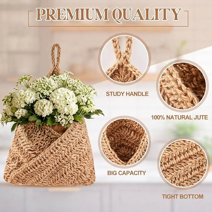 Honeydak Boho Decor Hanging Wall Baskets for Kitchen 3 Pack Teardrop Baskets with Hooks Storage Fruit Onion Vegetable Potato for Home 3 Sizes(Linen,Triangle,Jute) - Image 4