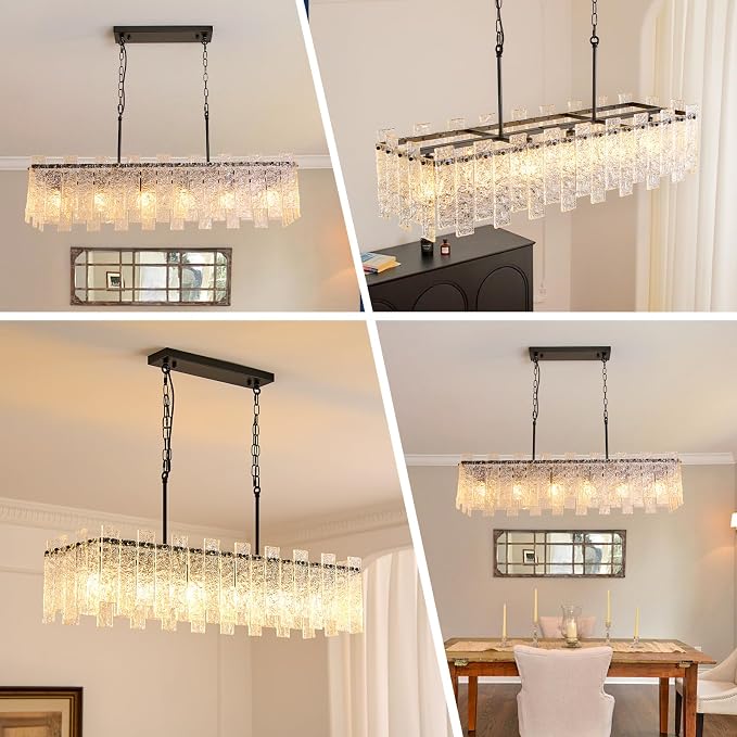 Modern Rectangle Black Crystal Chandeliers for Dining Room, L39" Large Rectangular Water Ripple Glass Island Light Fixture, 6-Lights Hanging Pendant Light for Kitchen Island, Living Room - Image 8