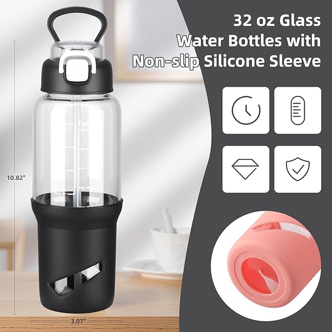 SIEROZUR 32 oz Glass Tumbler with Straw, Glass Water Bottles with 2 Lids-Handle Spout Lid & Straw Lid, 1 Liter Motivational Water Bottles, Silicone Sleeve, Fits Car Cup Holder,Black