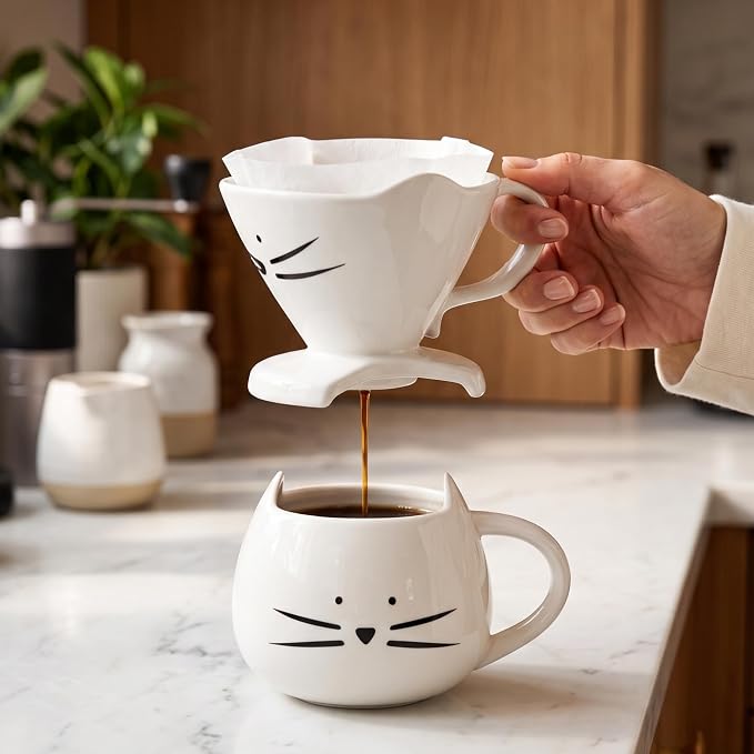 Koolkatkoo Cat Coffee Mug with Kitty Figurine, White | Ceramic Mug with Pour Over Coffee Maker, Cat Themed Gifts for Women, Christmas Birthday Mothers Day Idea - Image 4