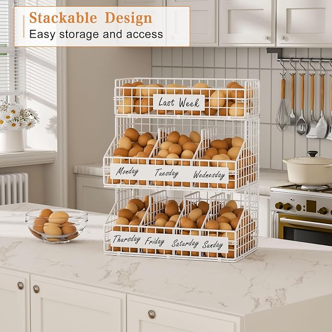 Egg Holder Countertop with 5 Dividers & DIY Nameplate to Separate Eggs | 3 Tier Stackable Wire Storage Baskets for Gathering Fresh Eggs, Wall-Mounted XXL Egg Rack, White (Patent Pending) - Image 7
