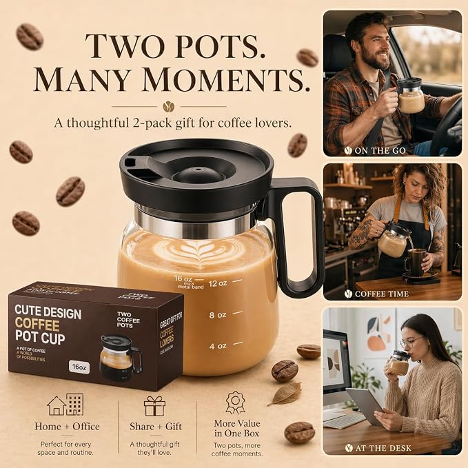 2 PCS Coffee Pot Mug with Lid,16 Oz Glass Mini Coffee Cup Set | Spill Proof Heatproof Large Capacity Clear Travel Mug & Novelty Gift for Coffee Lovers & Office Desk - Image 8