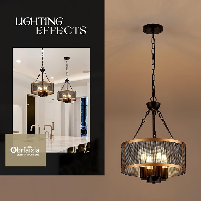 Modern 14" Small Black Gold Mesh Drum Chandelier for Dining Room Industrial Retro Semi Flush Mount 4-Light Round Ceiling Light Fixture for Kitchen Bedroom Living Room Hallway Entryway Foyer - Image 3