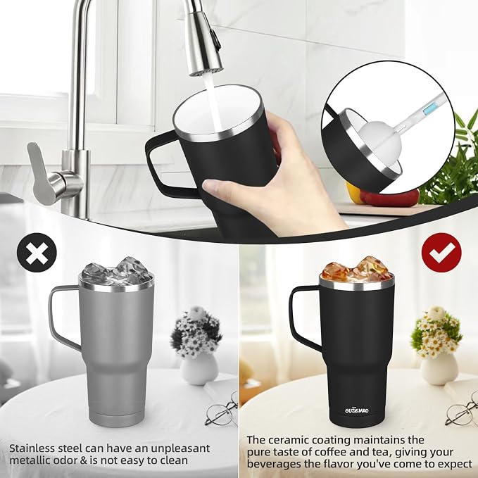 20 oz Insulated Coffee Mug with Ceramic Coating, Stainless Steel Travel Mug Tumbler with Handle Lid and Straw, Double Wall Leak-Proof Coffee Travel Mug Keeps Drink Hot and Cold (Black) - Image 5