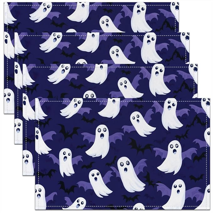 Feelyou Happy Halloween Placemats Set of 4 Cute Ghost Table Mats for Party Kitchen Dining Decoration Deep Purple White Place Mat for Table Holiday Decor Indoor Outdoor 18"x12" Non-Slip Easy to Clean by Feelyou