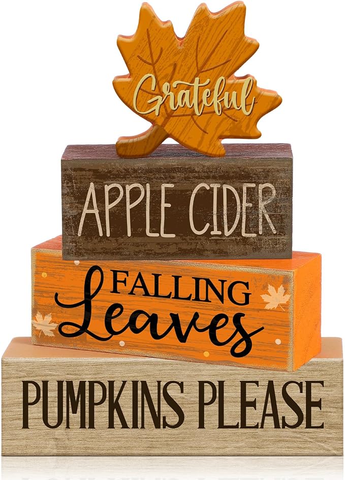 Moucuny 4 Pcs Fall Decoration for Home Wooden Maple Leaf Thanksgiving Table Centerpiece Rustic Thanksgiving Tiered Tray Decor Decorative Maple Leaf Block Signs Farmhouse Autumn Decor for Kitchen by Moucuny