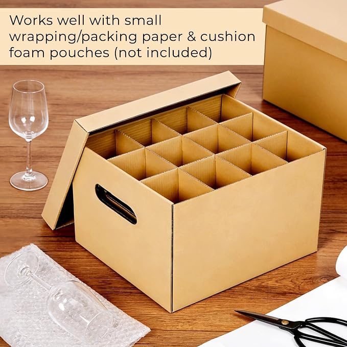 Wine Glass & Dish Moving Boxes, Glass Packing Boxes, Kitchen Storage Kit | 2 Pack, 15 x 12 x 10 In, Sturdy Corrugated Cardboard, with Ergonomic Handles & Secure Lids, for Glassware & Dishware, Brown - Image 4