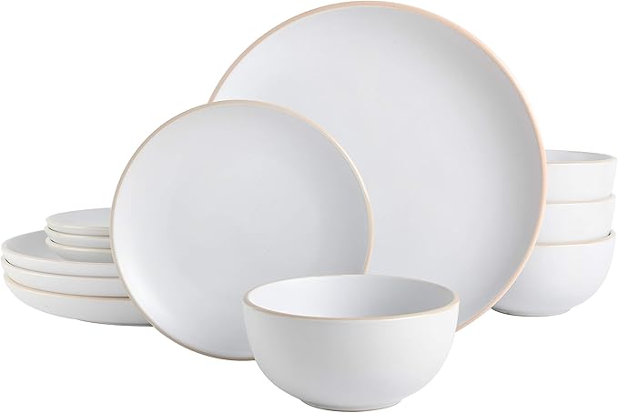 Gibson Home Rockaway 12-Piece Round Stoneware Dinnerware Set, Service for 4 – White Plates and Bowls, Modern Matte Finish, Microwave & Dishwasher Safe by GibsonHomewares