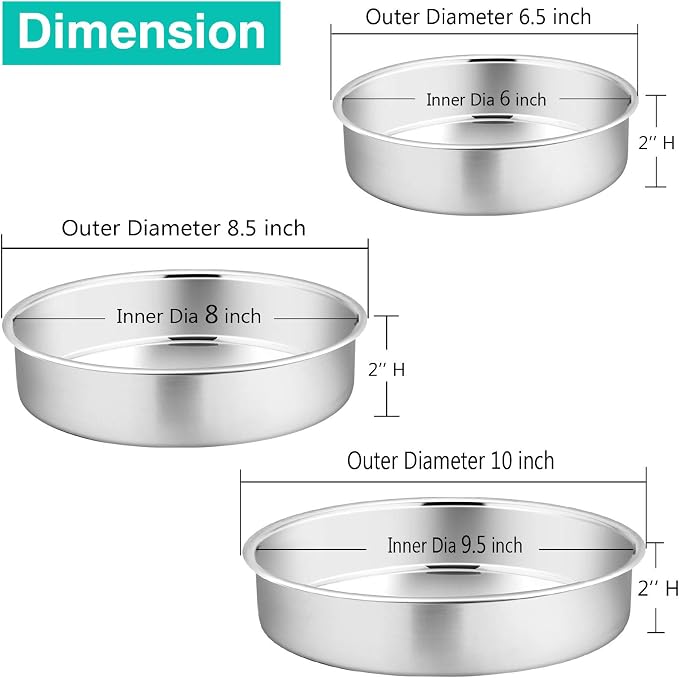 P&P CHEF Cake Pan Set of 3, 6" + 8" + 9.5" Round Baking Layer Cake Pan Tin | Stainless Steel & Mirror Finish, Bakeware for Birthday Weeding Anniversary, Heavy Duty & Non Toxic, Oven & Dishwasher Safe - Image 2