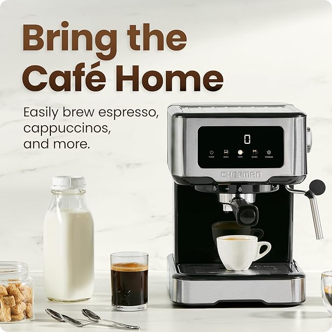 Chefman CraftBrew Espresso Machine, 15-Bar Pump Digital Espresso Maker w/Steam Wand for Latte & Cappuccino, Compact Espresso Coffee Machine w/ 1.5L Removable Water Reservoir - Stainless Steel - Image 2