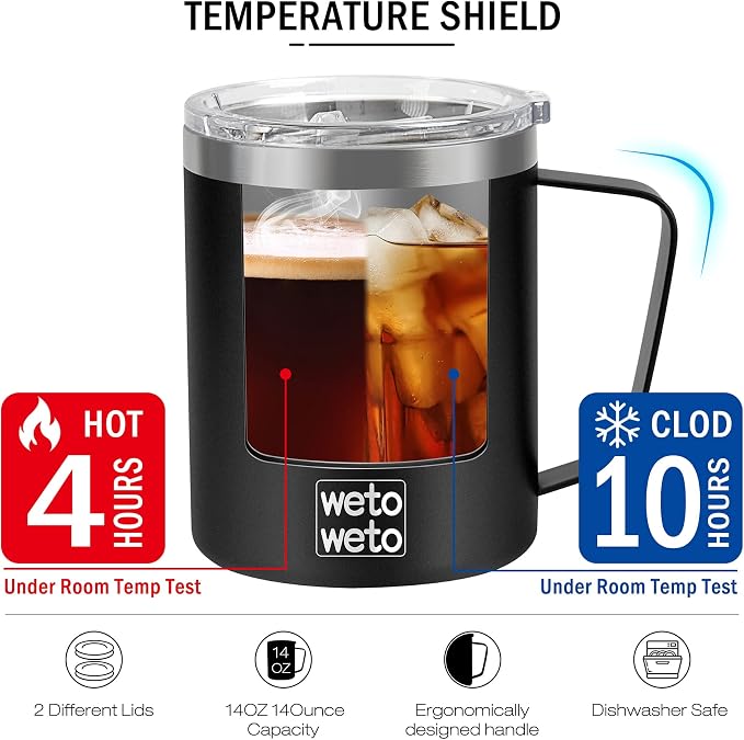 WETOWETO Coffee Mug with Handle, 14oz Insulated Stainless Steel Reusable Coffee Cup, Double Wall Coffee Travel Mug, Powder Coated Black - Image 3