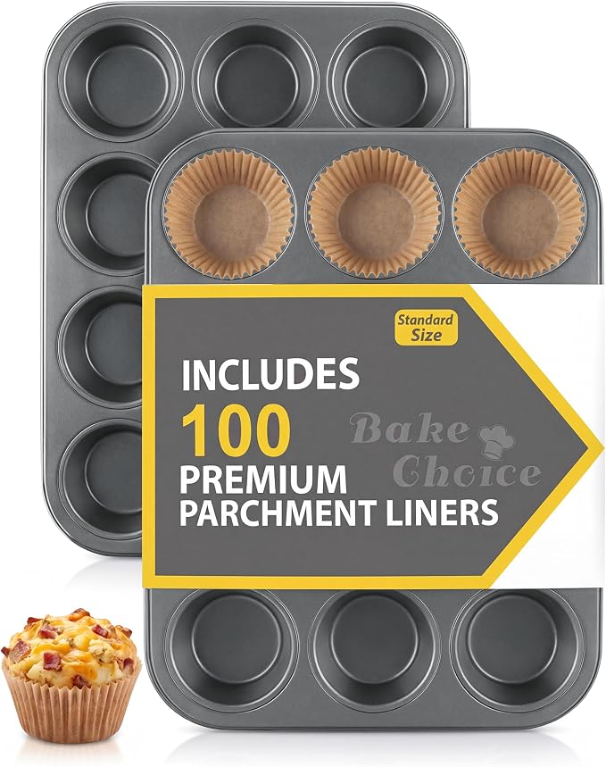 Bake Choice 2 Muffin Pan for Baking, Standard Cupcake Pan with 100 Liners | Includes 100 Natural Cupcake Liners, Non-Stick Muffin Tin Nonstick 12 Cup, Baking Pans Set, Carbon Steel Baking Supplies by BakeChoice