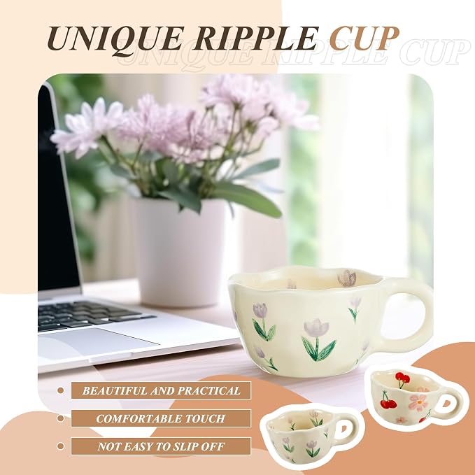 Vesici 2 Pcs Ceramic Coffee Mugs with Spoon, Vintage Floral Spring Mugs with Handle, 8.5 oz Aesthetic Flower Porcelain Tea Cup Set, Dishwasher & Microwave Safe Mothers Day Gifts for Mom(Cute) - Image 5