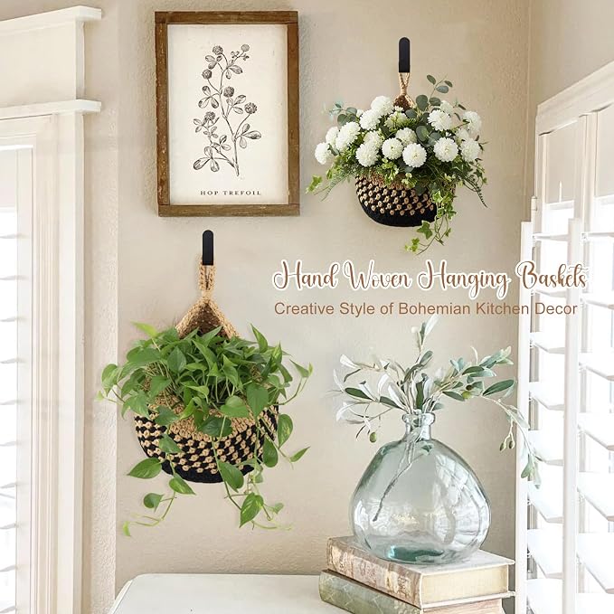 Honeydak Boho Decor Hanging Wall Baskets for Kitchen 3 Pack Teardrop Baskets with Hooks Storage Fruit Onion Vegetable Potato for Home 3 Sizes(Linen with Black,Teardrop,Cotton Rope) - Image 5