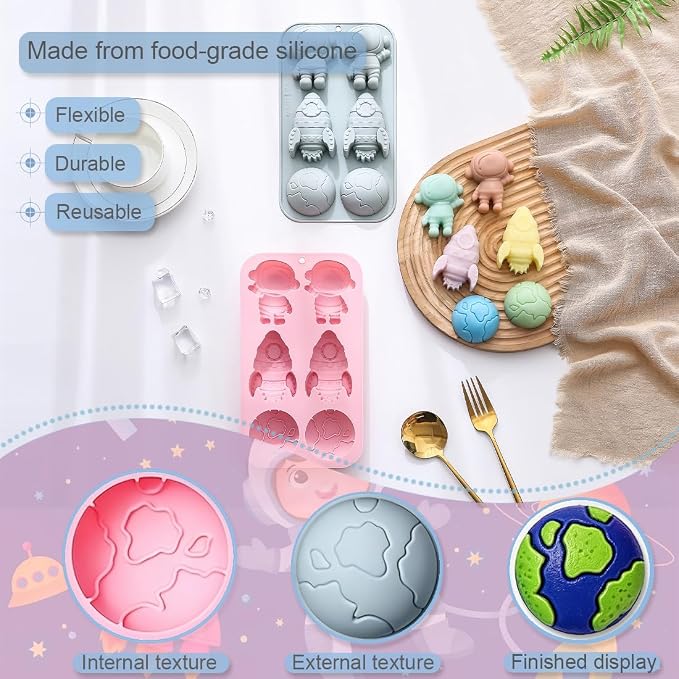 2 Pack Space Themed Silicone Cake Molds 6 Cavity 3D Astronaut Rocket Earth Mould Tray DIY Baking Decorating Tools for Chocolate Candy Cupcake Topper Mousse Dessert Gummy Handmade Soap Clay - Image 3