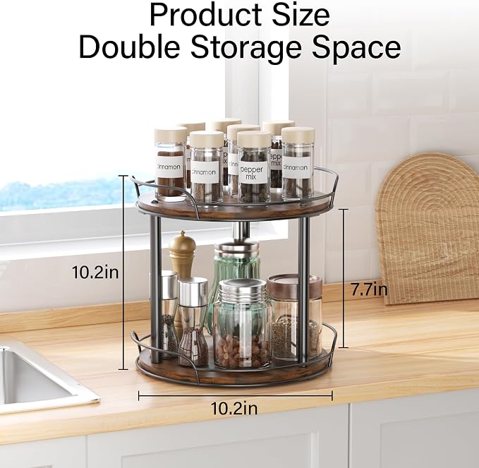 10'' Rotating Spice Rack, 2-Tier Lazy Susan Turntable Organizer | Wooden, for Cabinet, Table Top, Kitchen Countertop, Pantry, Bathroom, Vanity, Home Decor - Image 2