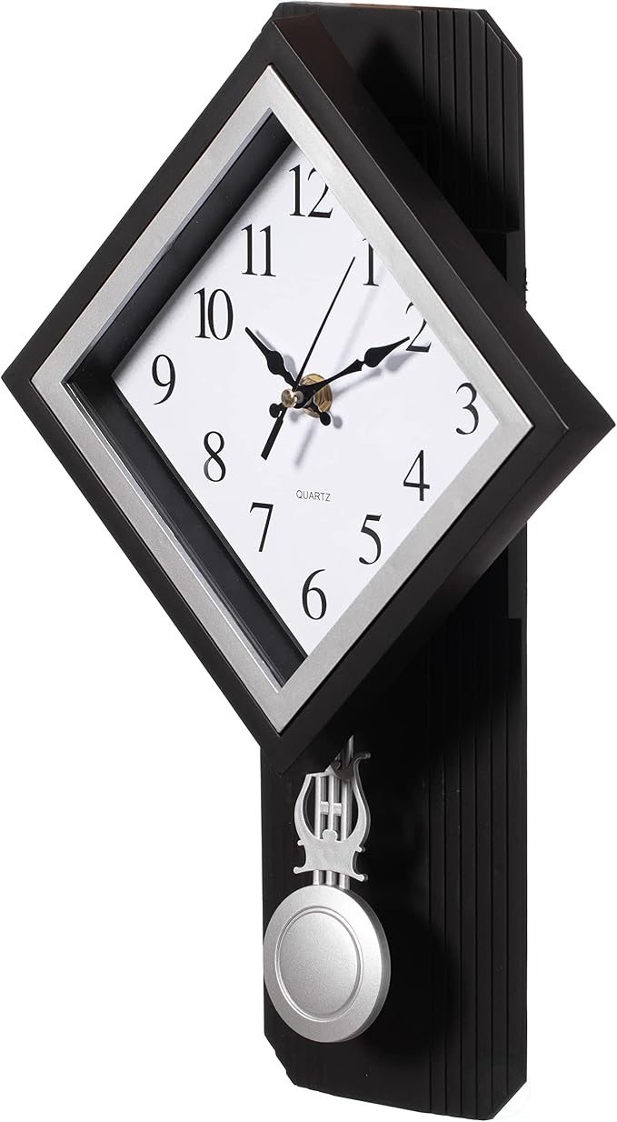 Traditional Black Square Wood- Looking Pendulum Plastic Wall Clock for Living Room, Kitchen, or Dining Room - Image 3