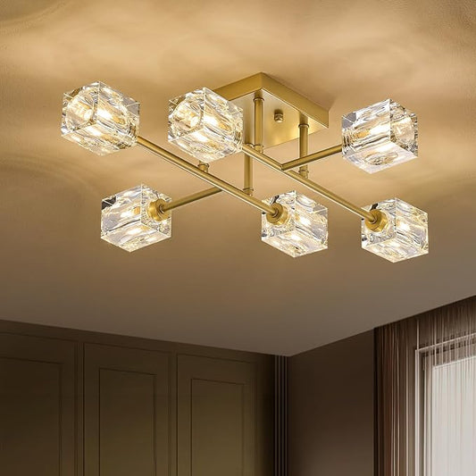 24" Gold 6-Light Luxury Semi Flush Mount Ceiling Light Modern K9 Crystal Kitchen Island Sputnik Chandelier for Dining Room Entryway Bedroom Living Room by PoemoonLighting