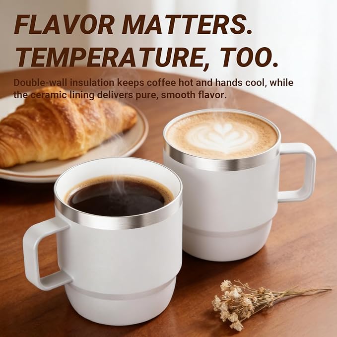 8 oz Small Coffee Mug with Magnetic Sliding Lid & Handle | Ceramic-Lined 18/8 Stainless Steel, Double-Wall Vacuum Insulated, Stackable, Dishwasher Safe, Mini Coffee/Tea Cup, 2 Pack - Image 3
