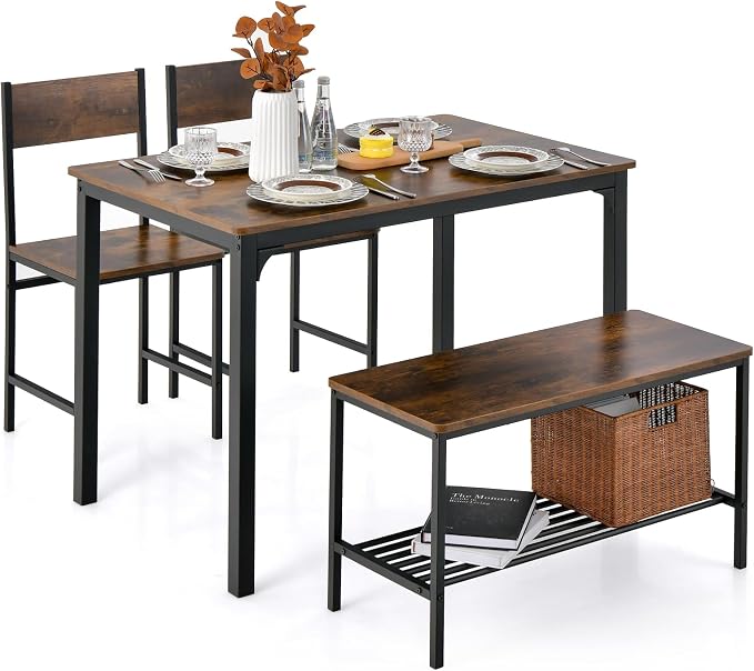 Giantex Dining Table Set for 4, Kitchen Table with Bench and Chairs, Industrial Gathering Bench Dining Set W/Metal Frame & Storage Rack, Dinette Set, Modern Functional Desk Set (Rustic Brown) by Giantex