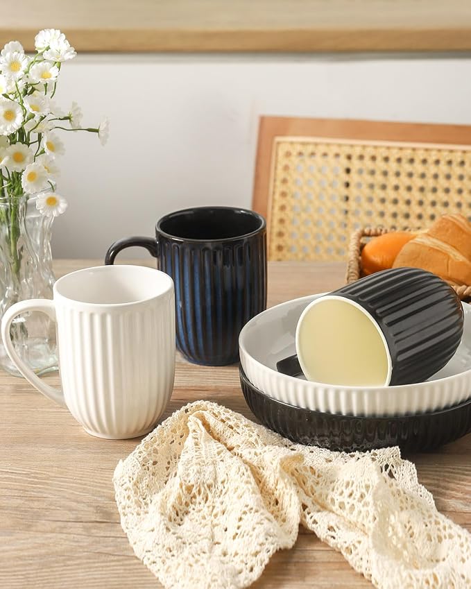 HASENSE Textured Large Coffee Mugs Set of 4, 16 Oz Ribbed Ceramic Cups with Large Handle for Latte Tea Cappuccino, Stackable Embossed Mug Set for Mom Dad, Microwave Dishwasher Safe, Creamy White - Image 7